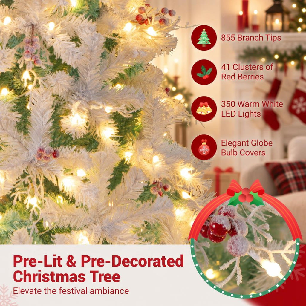 Airfind Pre-Lit Artificial Christmas Tree with Snow Flocked Branch Tips, PVC PE Metal Frame, 3.8 x 6 ft Footprint, White+Lake Blue