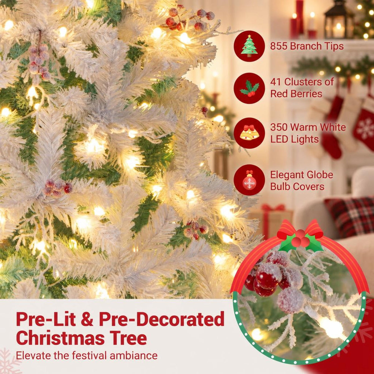 Airfind Pre-Lit Artificial Christmas Tree with Snow Flocked Branch Tips, PVC PE Metal Frame, 3.8 x 6 ft Footprint, White+Lake Blue