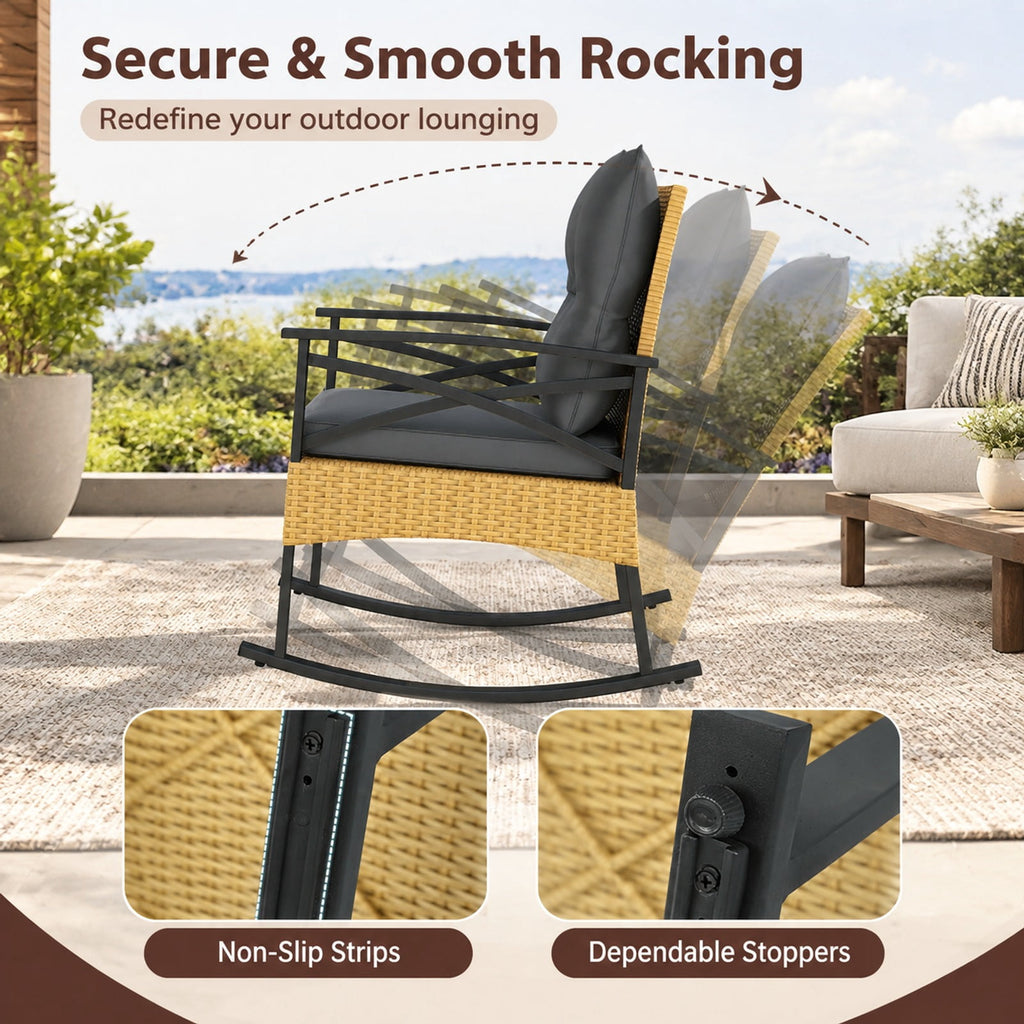 Airfind 3 Pieces Outdoor Rattan Rocking Chairs Set with 2-Tier Side Table for Garden Backyard, Table 100 lbs Capacity, 18 x 18 x 18.5 Footprint