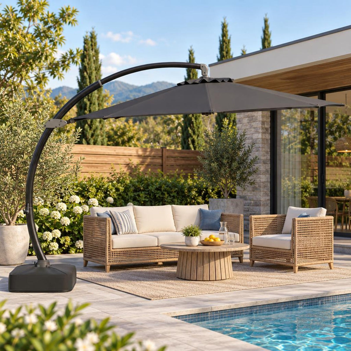 Airfind 11 FT Cantilever Patio Umbrella with Base with 360° Rotation and Tilt Adjustment, Polyester Fabric Aluminum Metal Frame, Gray