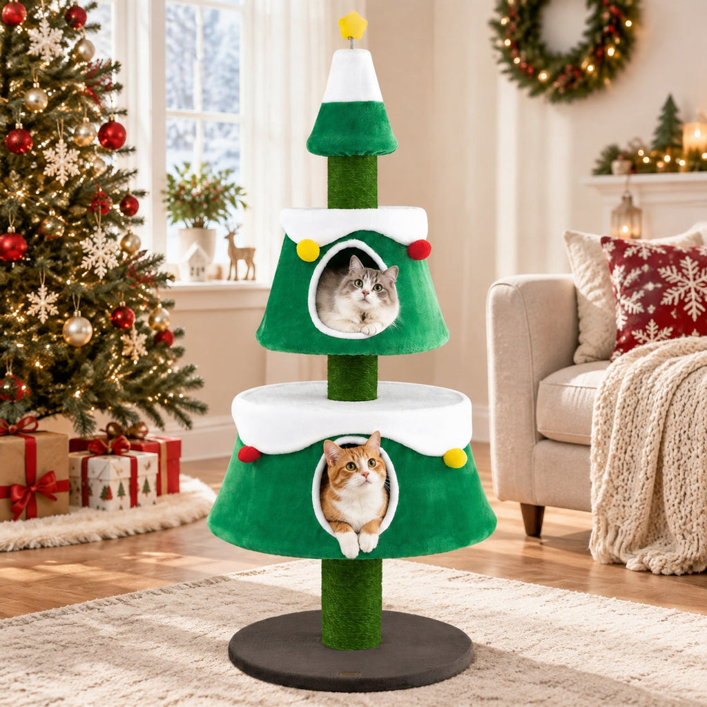 Airfind 61.5in Cat Christmas Tree for Indoor Kittens with 2 Large Condos Star Spring Toy and Decorative Balls, Green
