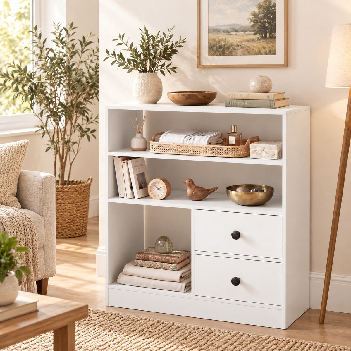 Airfind Open Storage Cabinet with 3 Open Compartments and 2 Drawer, 44 lbs Capacity, Engineered Wood Fabric Frame, 27.5 x 12 x 27.5 Footprint
