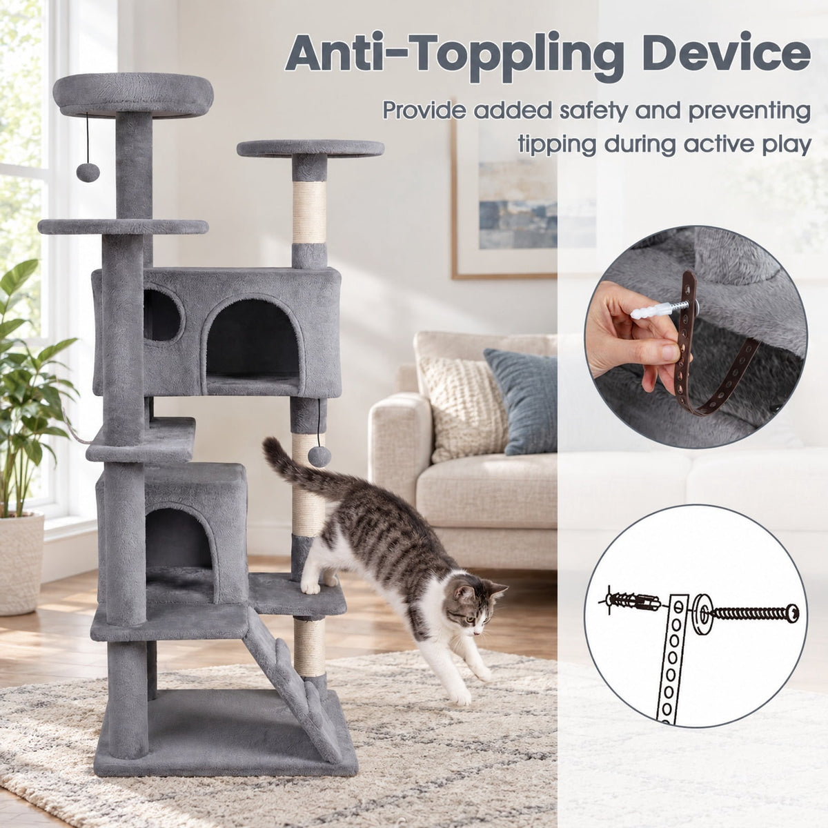 Airfind 52 Inch Tall Cat Tree Tower for Indoor Cats, 22 lbs Capacity, Engineered Wood Sponge Plush Fabric Sisal Frame, Light Gray