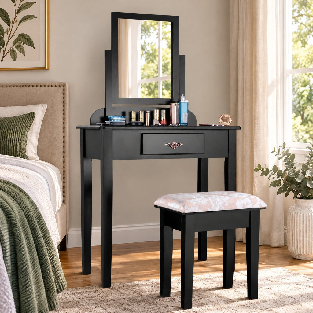 Airfind Vanity Dressing Table Stool Set with Large Makeup Mirror, 286 lbs Capacity, Wood Frame, 29.5 Inch x 16.0 Inch x 53.5 Inch (L x W x H) The Footprint