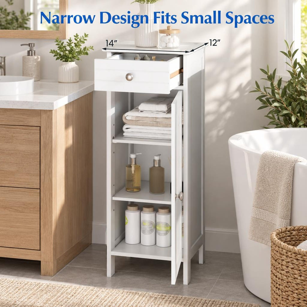 Airfind Wooden Storage Free-Standing Floor Cabinet with Drawer and Shelf, 132 lbs Capacity, MDF Frame, 14in x 12in x 34.5in Footprint, White