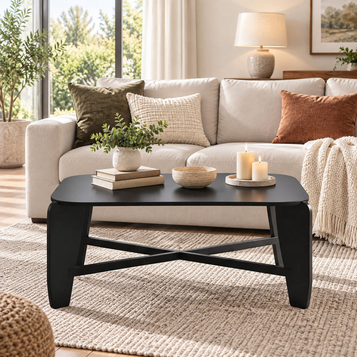 Airfind Modern Coffee Table with Rubber Wood Cross-Leg Base Rectangular Center Table, Black, Dimensions 35.5 x 22 x 15Ground Clear