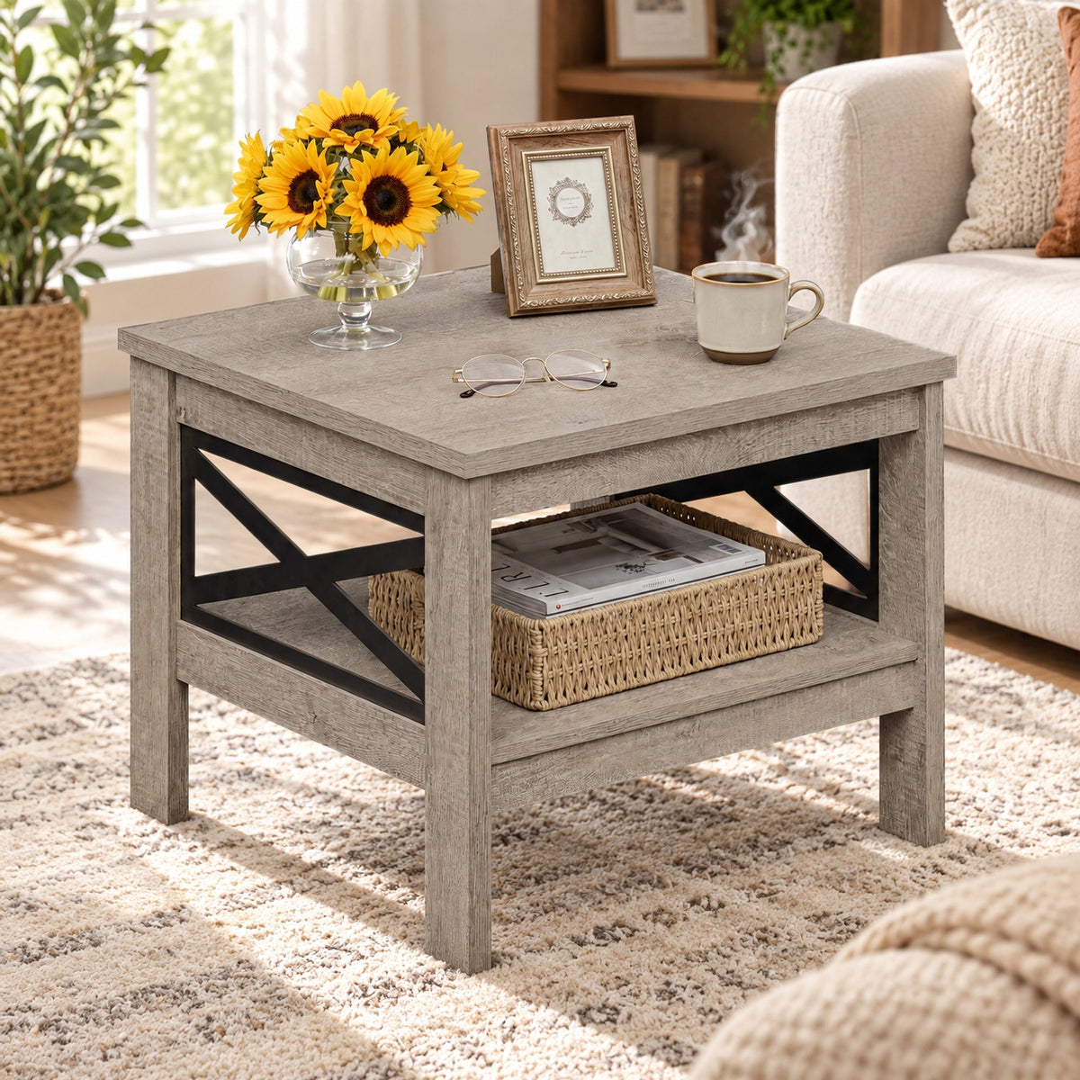 Airfind 2-Tier Square Side Table with Storage Shelf and X-Frame for Bedroom Living Room, 220 lbs Capacity, Engineered Wood MDF Frame, Brown