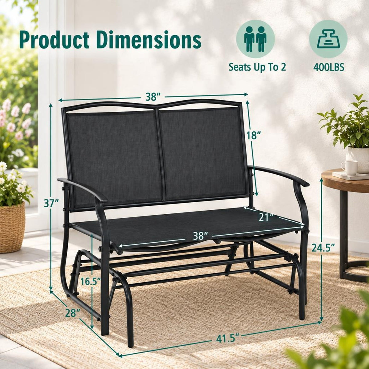 Airfind Iron Patio Rocking Chair for Outdoor Backyard and Lawn, 396 lbs Capacity, Steel and textilene Frame, 41.3 x 28.1 x 36.6 Footprint, Black