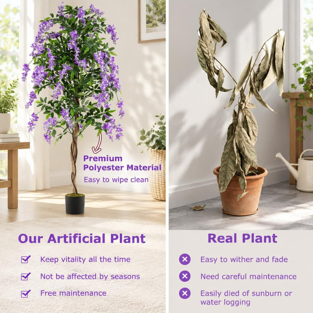Airfind Fake Ficus Plant 6 FT Artificial Wisteria Tree with Natural Trunks and Purple Lifelike Flowers, Purple