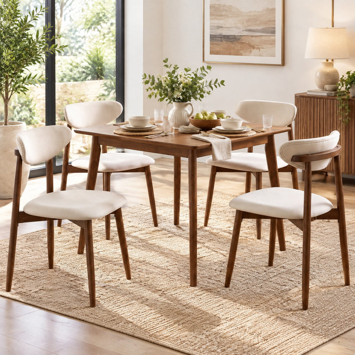 Airfind Set of 4 Fabric Upholstered Dining Chairs with Curved Backs, 330 lbs Capacity, Rubber Wood Polyester Fabric Sponge Frame, Beige