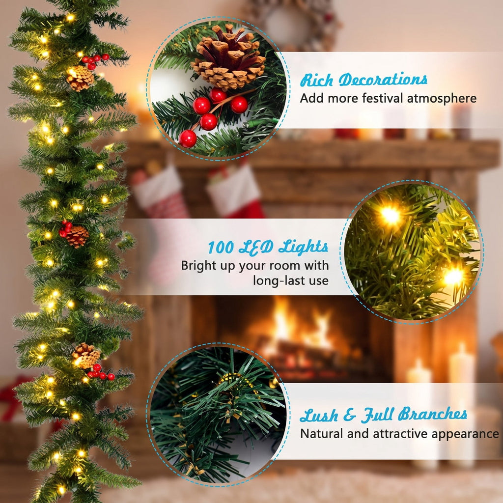AIRFIND Pre-lit Christmas Garland with 9 Ft Length with 100 LED Lights and 140 PVC Tips for Doorway and Mantel Decor, Red