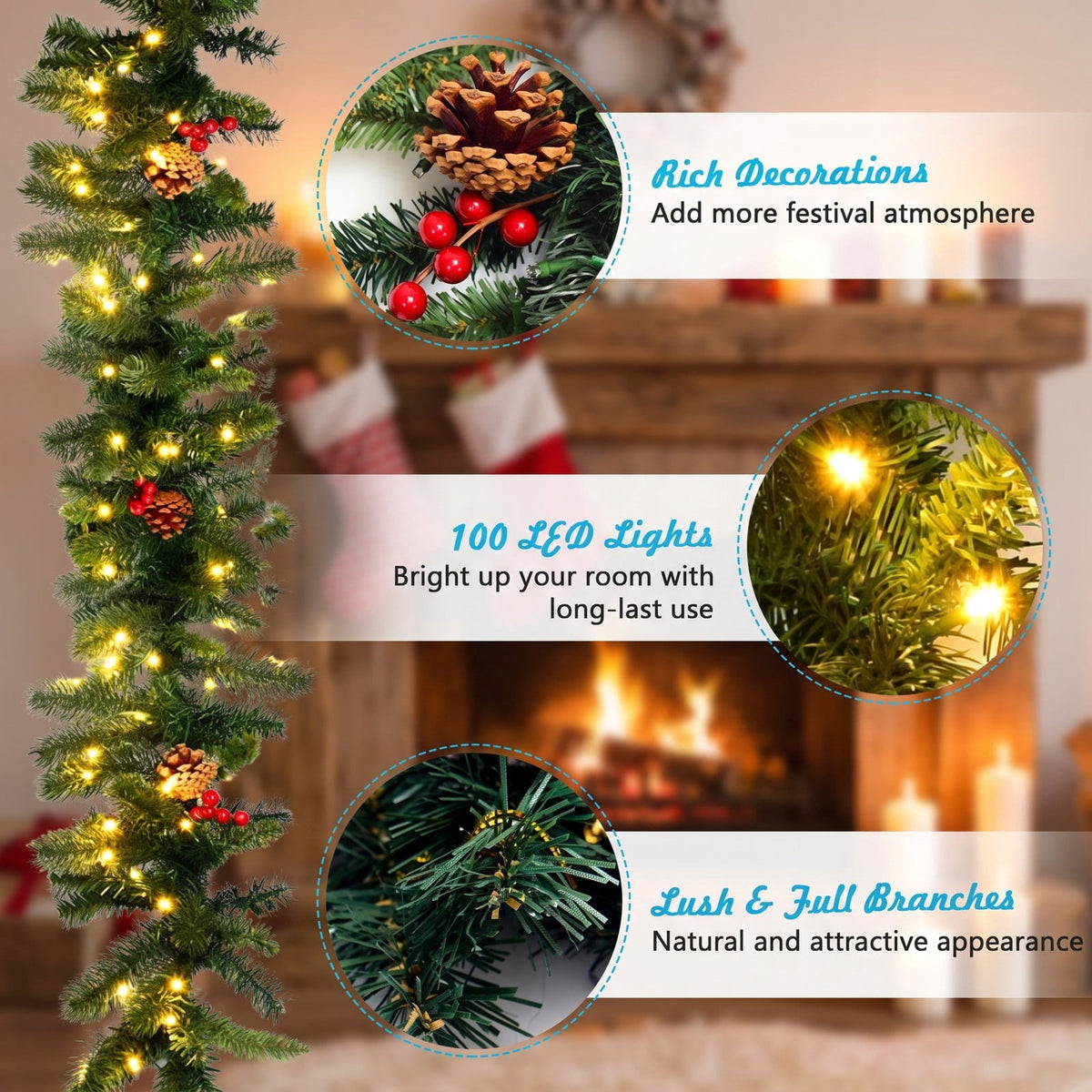 AIRFIND Pre-lit Christmas Garland with 9 Ft Length with 100 LED Lights and 140 PVC Tips for Doorway and Mantel Decor, Red