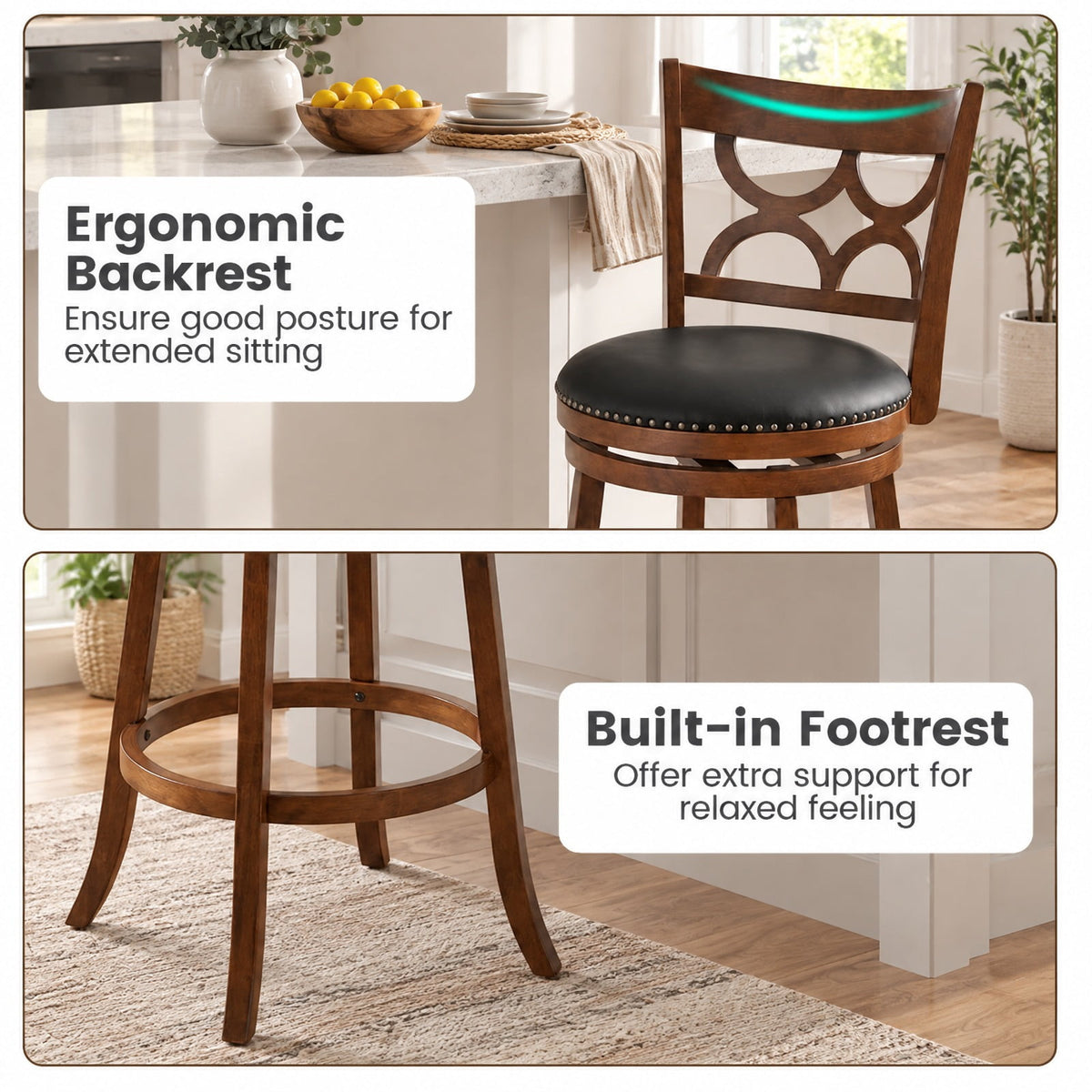 Airfind Swivel Bar Stools Set of 2 with High Backrest and Wood Frame-29 Inches, 330 lbs Capacity, Rubber Wood PVC Leather Sponge Frame, Expresso