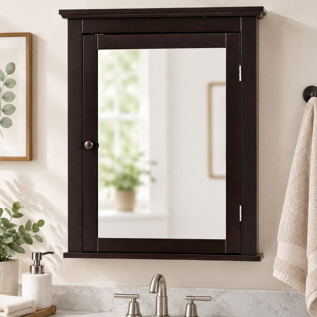 Airfind Bathroom Wall Mounted Storage Mirror Medicine Cabinet, 11 lbs Capacity, MDF and glass Frame, 22 x 6 x 27.5 Footprint, Brown