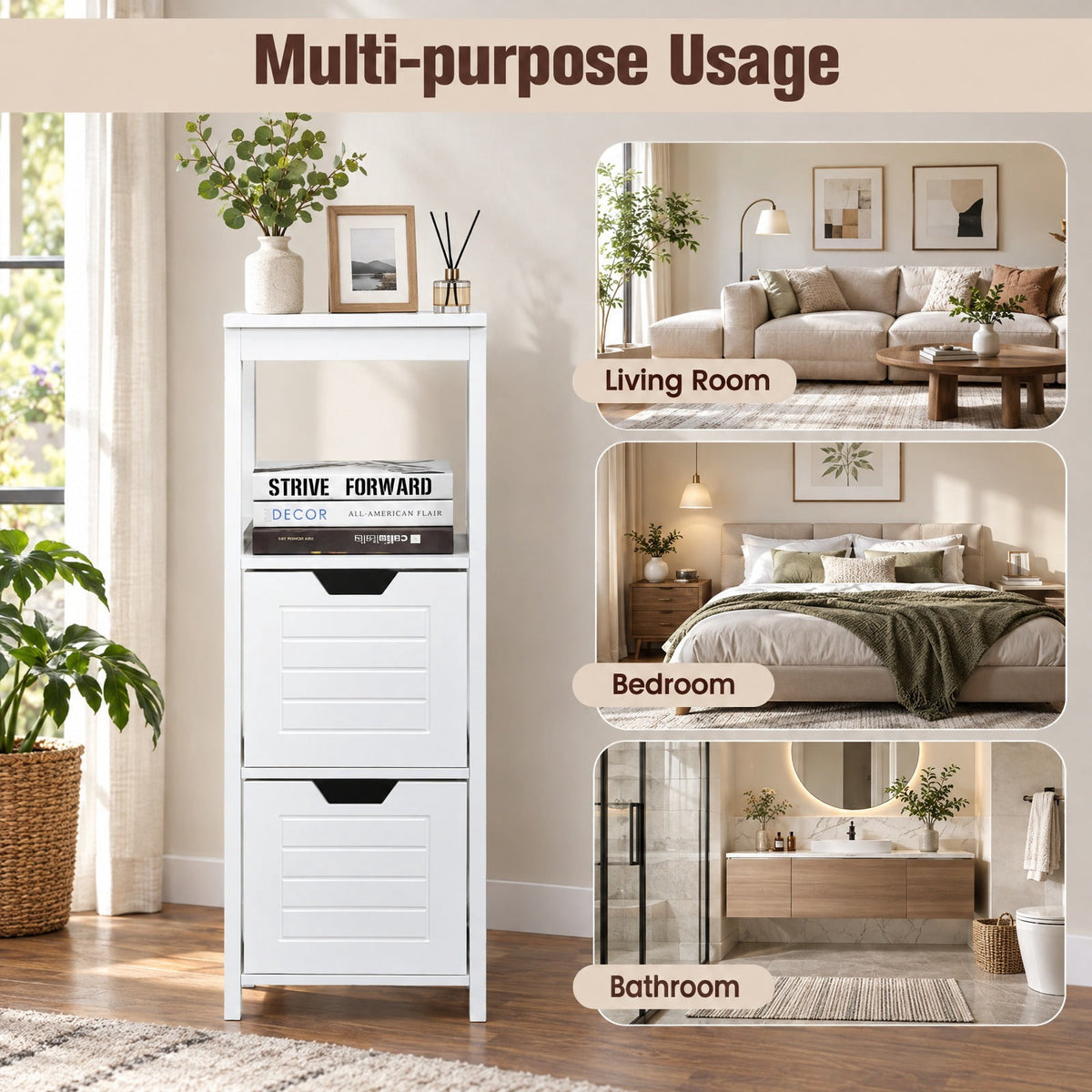 Airfind Floor Cabinet Multifunction Storage Rack Stand Organizer, 11 lbs Capacity, P2 MDF NC paint, 12 x 12 x 35, White