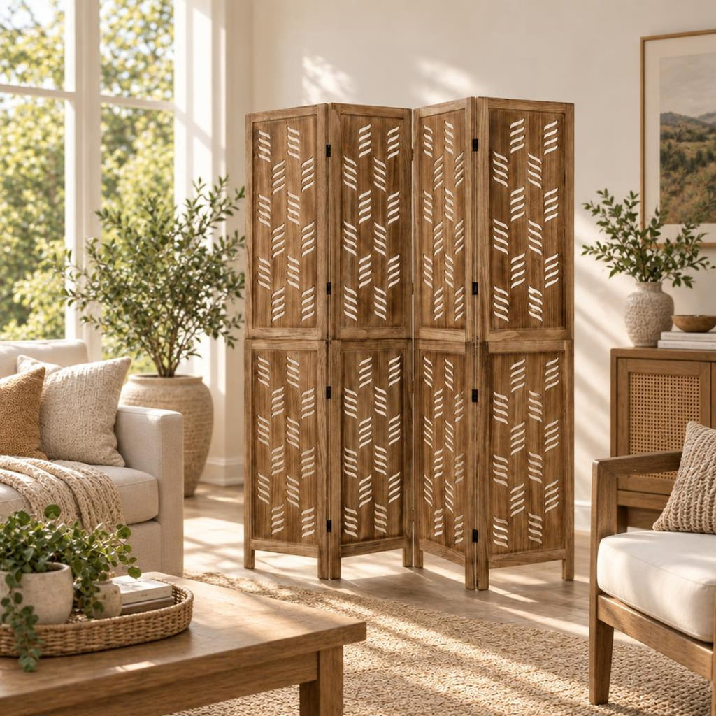 Airfind 5.5 FT Tall Room Divider 4 Panels with Wave Cutout Paulownia Frame for Room, Paulownia Wood Metal Frame, 62 x 67 Footprint, Brown
