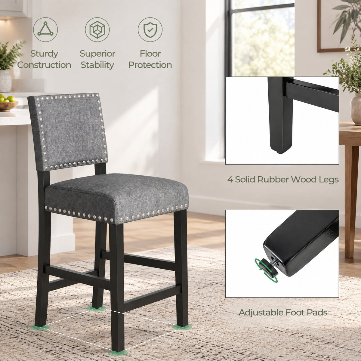 Airfind 38.5/43.5 Inch Set of 2 Counter Height Chairs with Solid Rubber Wood Frame, 330 lbs Capacity, Rubber Wood Linen Fabric Sponge Metal Frame