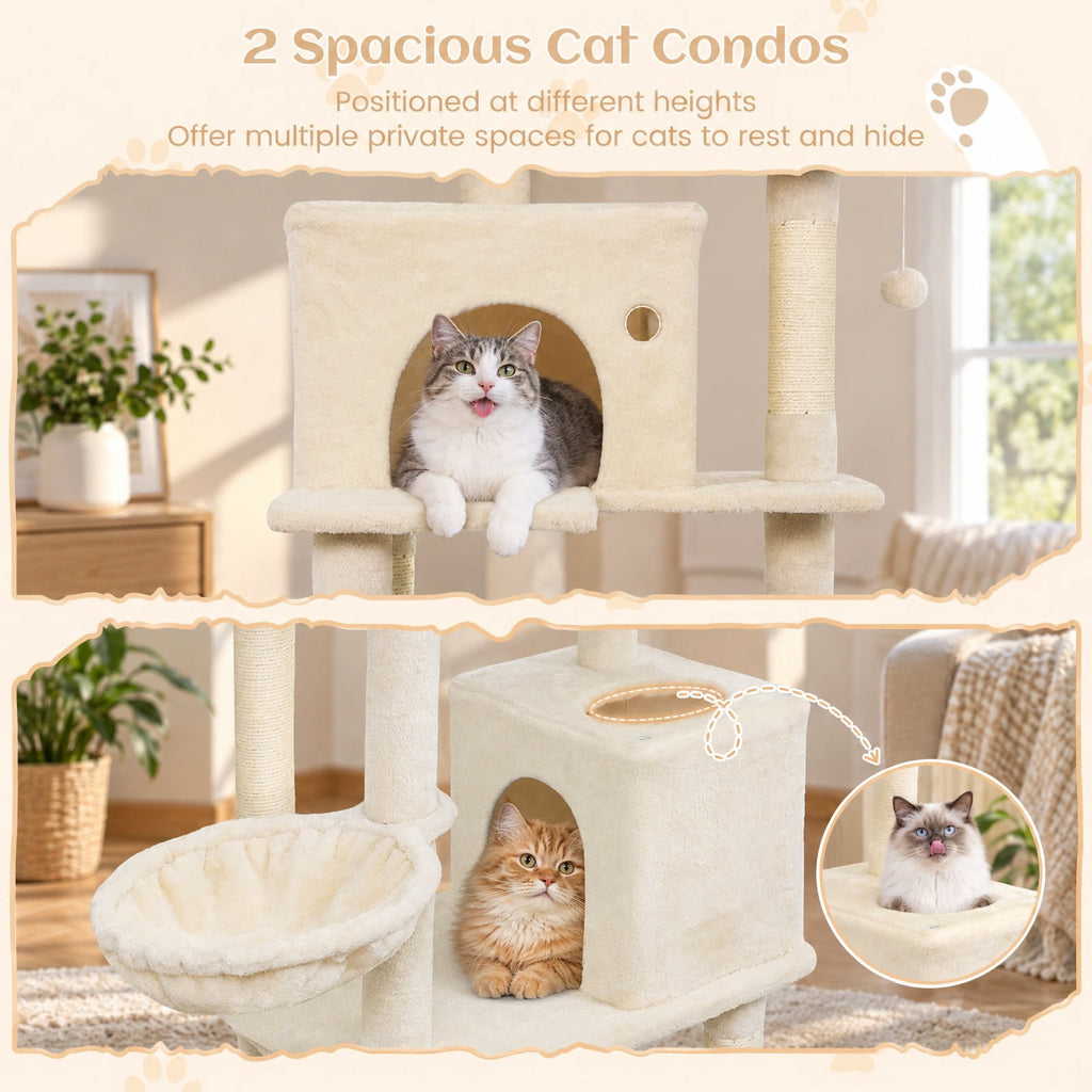 Airfind 80 Inches Tall Cat Tree with 2 Large Condos and Dangling Toys, 33 lbs Capacity, Engineered Board Sisal Plush Fabric Sponge Frame, Beige