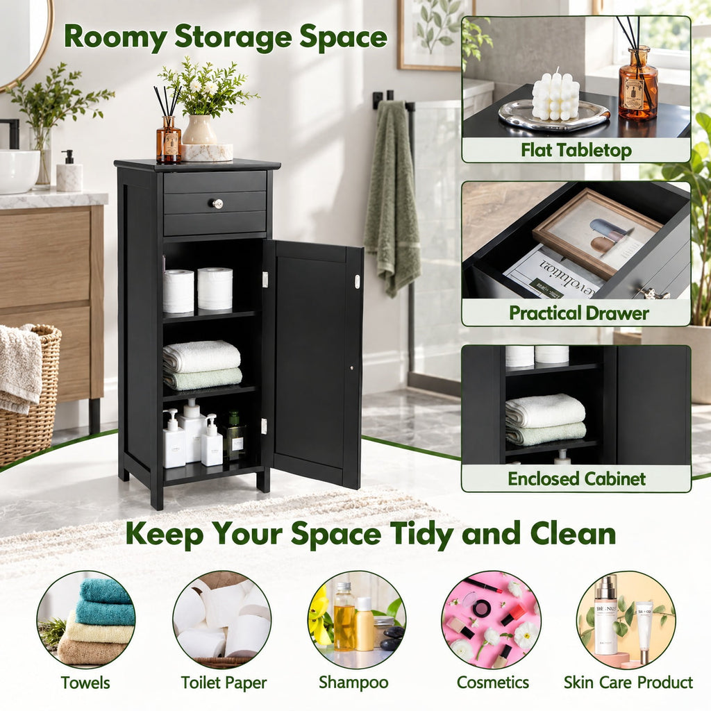 Airfind Wooden Bathroom Floor Storage Cabinet with Drawer and Shelf, 22 lbs Capacity, MDF Frame, 14 Inch x 12 Inch x 34.5 Inch Footprint, Black