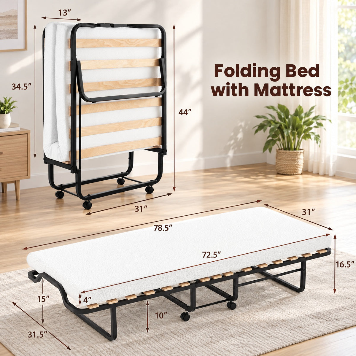 Airfind Twin Size Folding Bed with Foam Mattress and Lockable Wheels, 490 lbsNet Weight 37 lbsBox Qty1(May vary by batch) Capacity