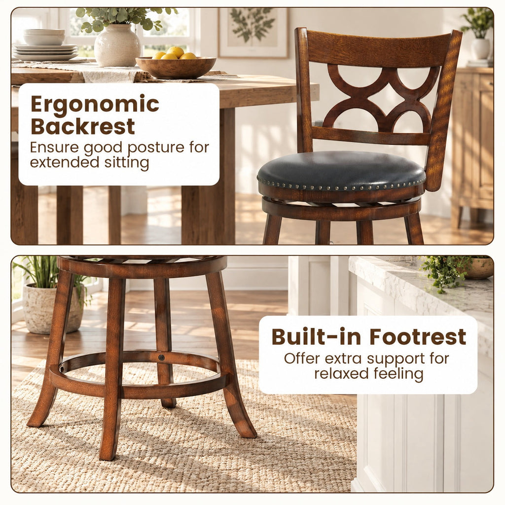 Airfind Swivel Bar Stools Set of 2 with High Backrest and Wood Frame-24 Inches, 330 lbs Capacity, Rubber Wood PVC Leather Sponge Frame, Expresso