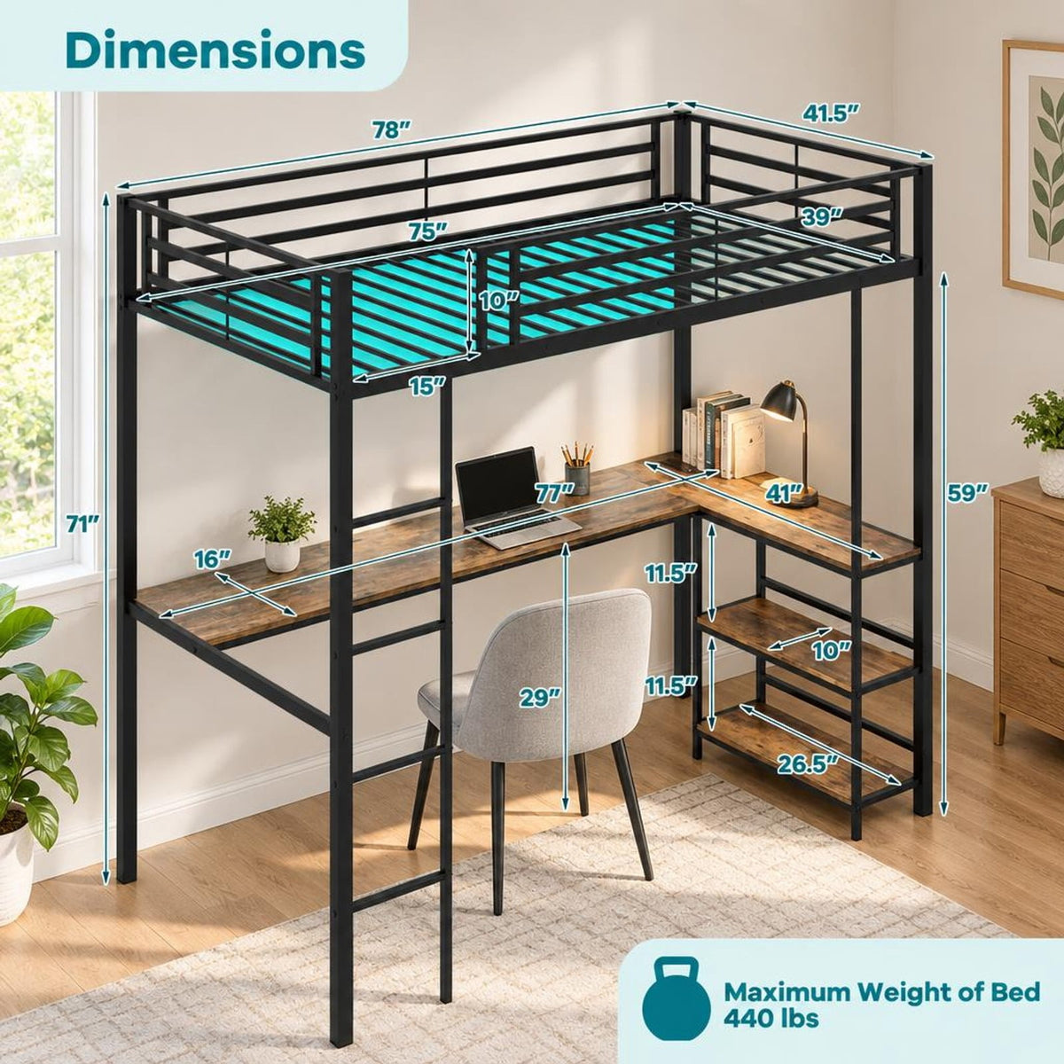 Airfind Twin Size Loft Bed Raised Platform Bed with Desk and 2 Storage Shelves, 440 lbs Capacity, MDF Metal Frame, 78 x 41.5 x 71 Footprint