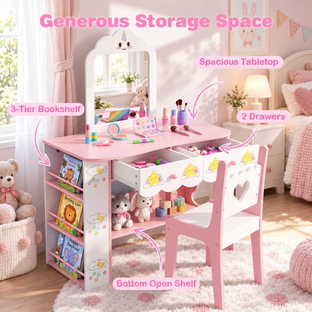 Airfind Youth Vanity Set Princess Girls Dressing Table featuring Mirror and Chair, 190 lbs Capacity, MDF Glass Frame, for 3-7 Years Old, White