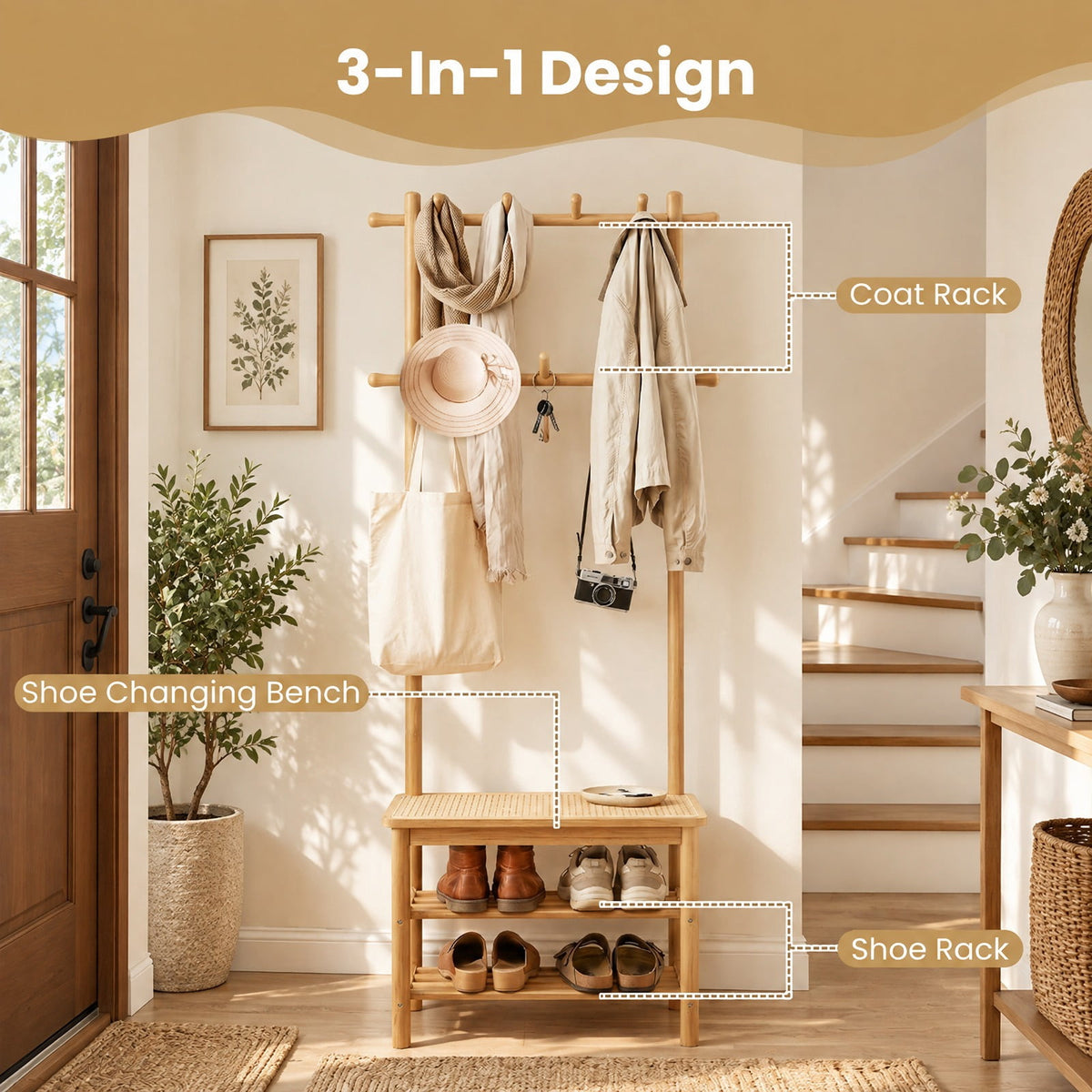 Airfind Bamboo Coat Rack PE Rattan Hall Tree with Bench and Shoe Storage 3-In-1 Entryway Bench, 11 Lbs Capacity, Bamboo PE Rattan, Natural