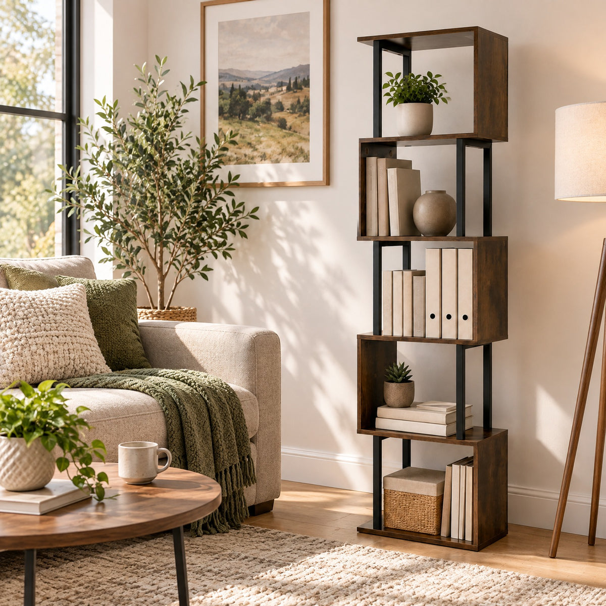 Airfind 5-Tier S-Shaped Bookshelf w/ Open Cubes Anti-toppling Kits for Living Room, 22 lbs Capacity, Engineered Wood Frame, Brown
