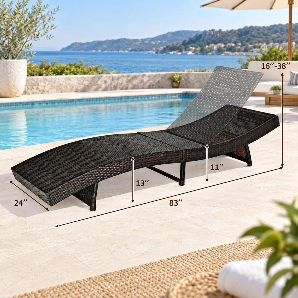 Airfind Patio Folding Adjustable Rattan Chaise Lounge Chair with Cushion, PE rattan steel non-woven fabric D Frame, 83 x 24 x 16-38 Footprint