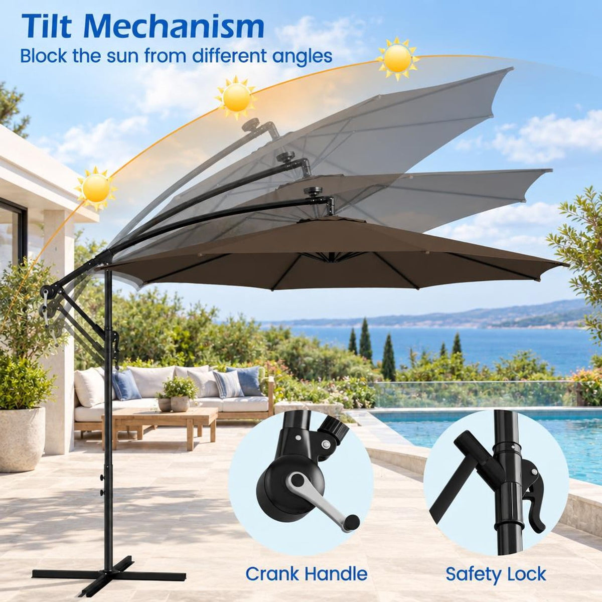 Airfind 10 Feet Patio Offset Umbrella with 112 Solar-Powered LED Lights-Beige, Polyester Fabric Metal Frame, 10 x 8 ft Footprint, Coffee