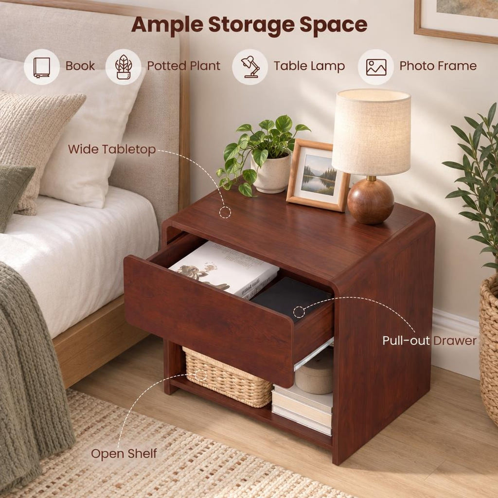 Airfind 2-Tier Modern Style Nightstand with Drawer and Open Shelf for Bedroom, in Total 77 lbs Capacity, Metal Engineered Wood Frame, Walnut