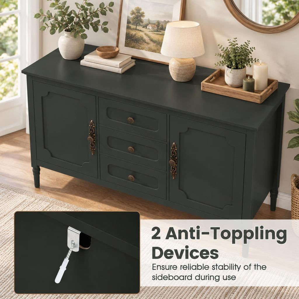 Airfind 47 Inch Vintage Buffet Cabinet with 3 Drawers 2 Cabinets and Adjustable Shelves for Dining Room, 110 Lbs Capacity, 47 Inch X 15.5 Inch X 31.5 Inch, Green