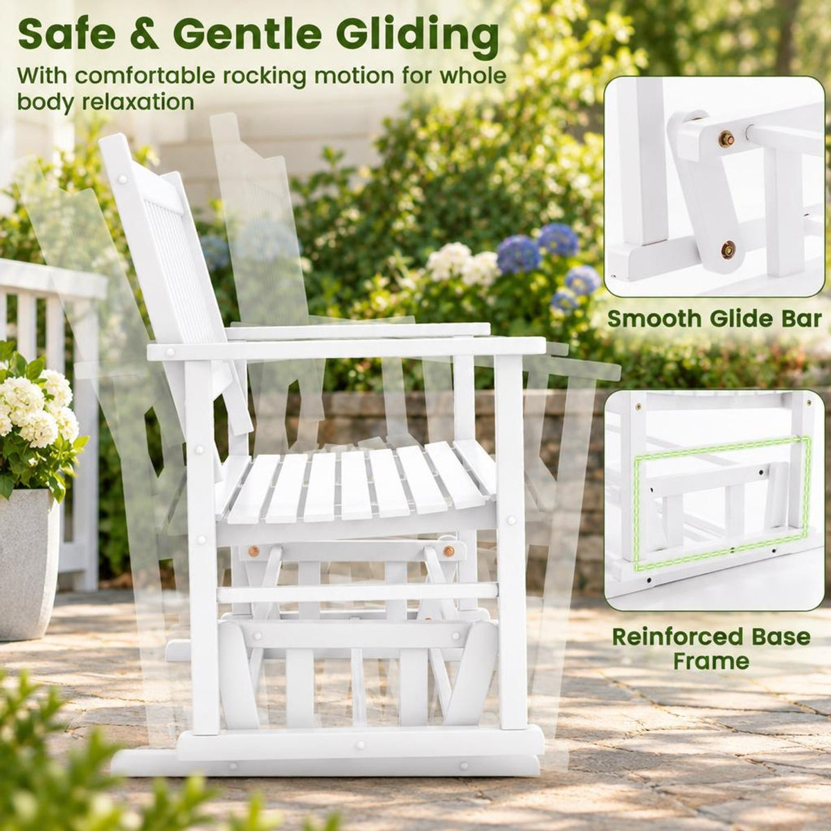 Airfind 2 Seats Outdoor Glider Bench with Armrests and Slatted Seat, 500 lbs Capacity, Poplar Wood Frame, 50 x 27 x 39 Footprint, White