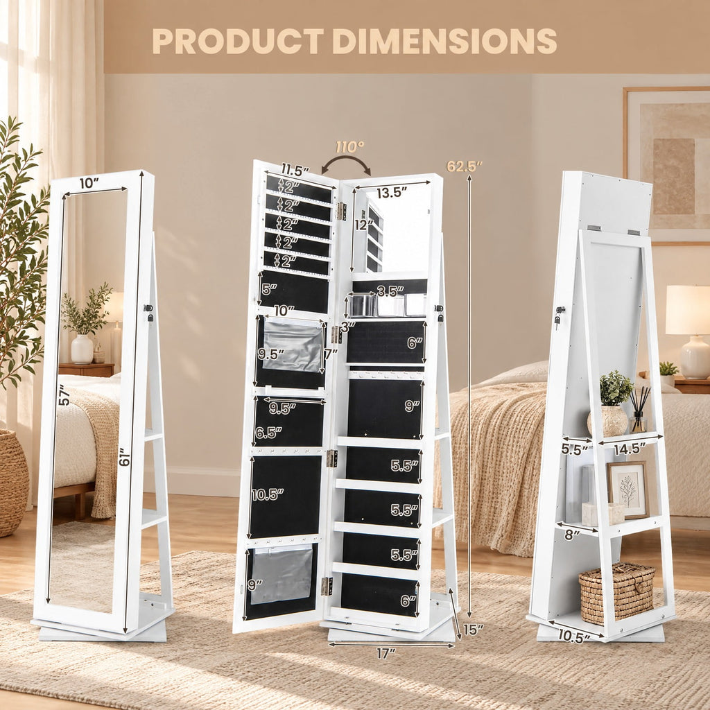 Airfind 360° Swivel Jewelry Armoire Standing Jewelry Organizer with Full Length Mirror and Back Shelves, MDF Glass Frame, White