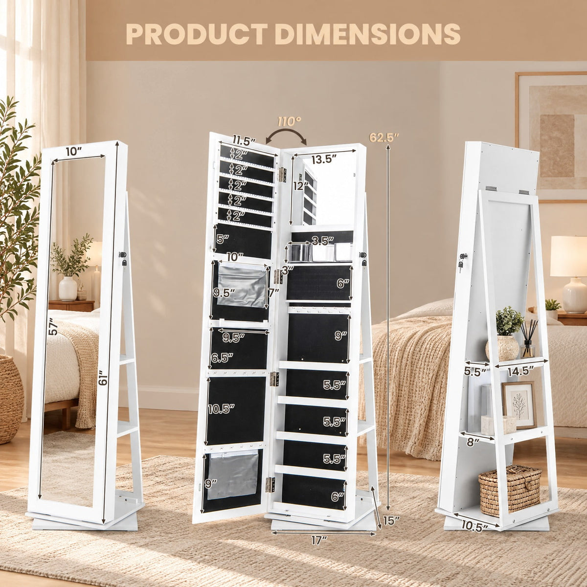 Airfind 360° Swivel Jewelry Armoire Standing Jewelry Organizer with Full Length Mirror and Back Shelves, MDF Glass Frame, White