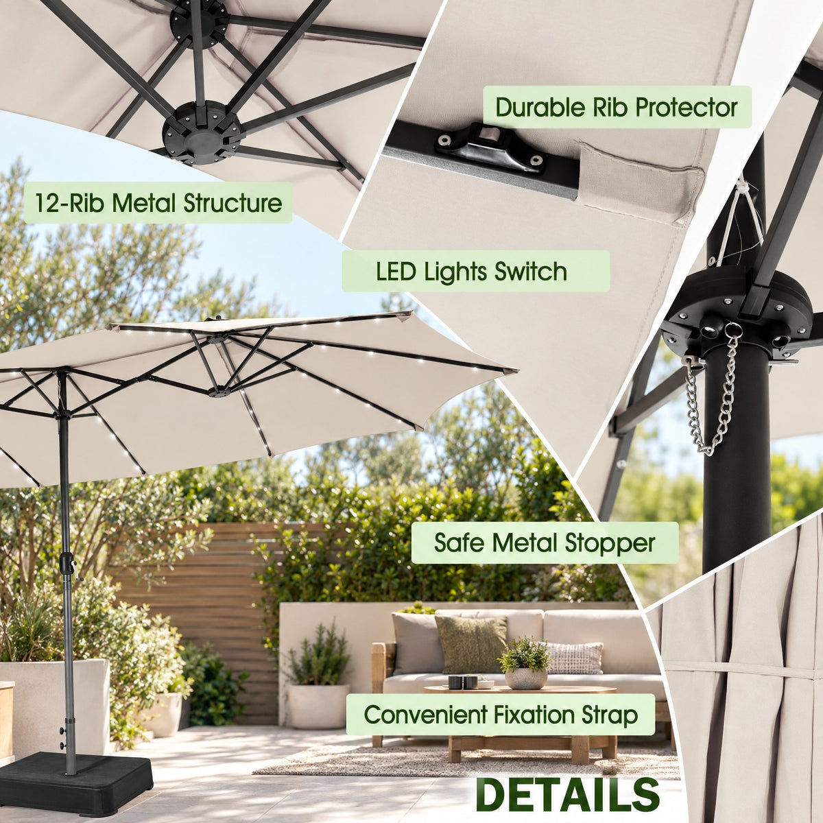 Airfind 15 Feet Twin Patio Umbrella with 48 Solar LED Lights, Steel polyester fabric Frame, 15.4 x 9.2 x 8 (L x W x H) Pole Footprint, Beige