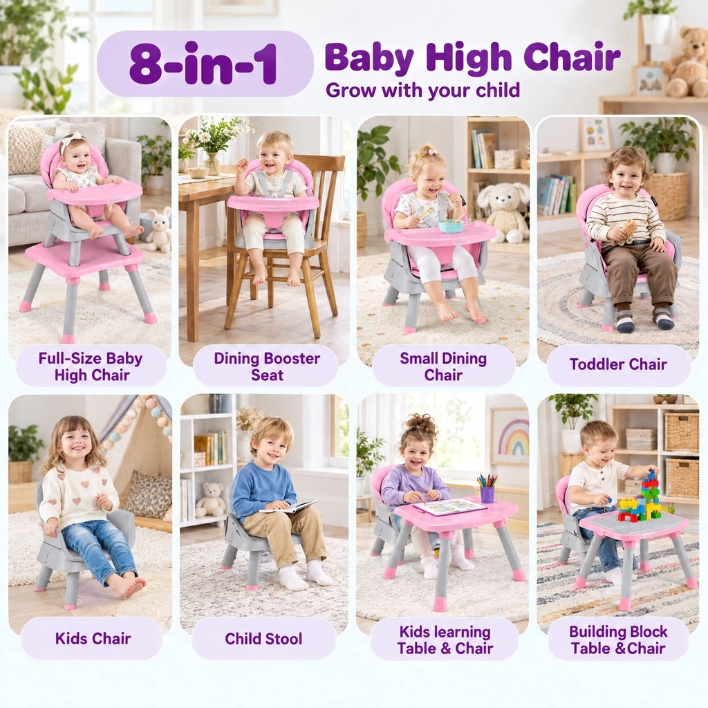Airfind 6-in-1 Convertible Youth High Chair featuring Adjustable Removable Tray, 55 lbs Capacity, PP PU Fabric Frame, for 6-36 Months, Pink