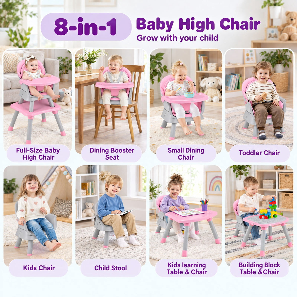 Airfind 6-in-1 Convertible Youth High Chair featuring Adjustable Removable Tray, 55 lbs Capacity, PP PU Fabric Frame, for 6-36 Months, Pink