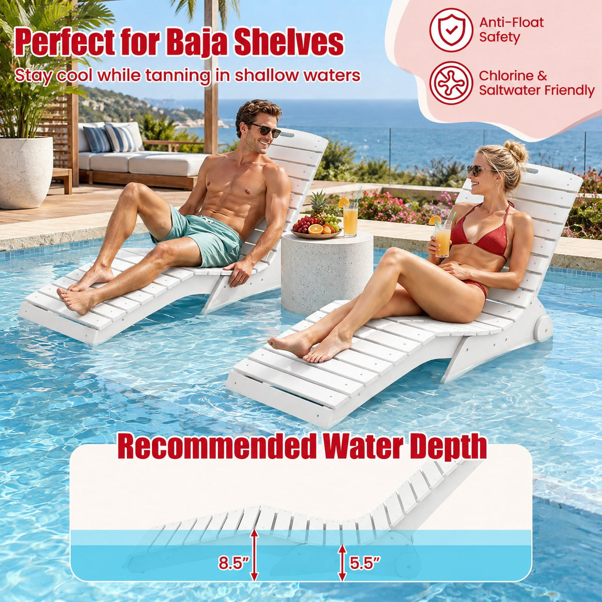AIRFIND In-Pool Lounge Chair for Baja Shelves, HDPE Pool Ledge Lounger with Contoured Back, Built-In Wheels and 450 lb Capacity, White