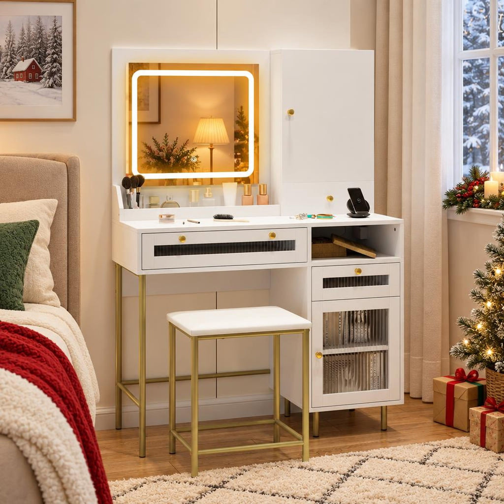 Airfind Modern Makeup Vanity Desk with Mirror and Lights and Stool Set, 110 lbs Capacity, Engineered Wood Frame, 38in x 15.5in x 53.5in Footprint
