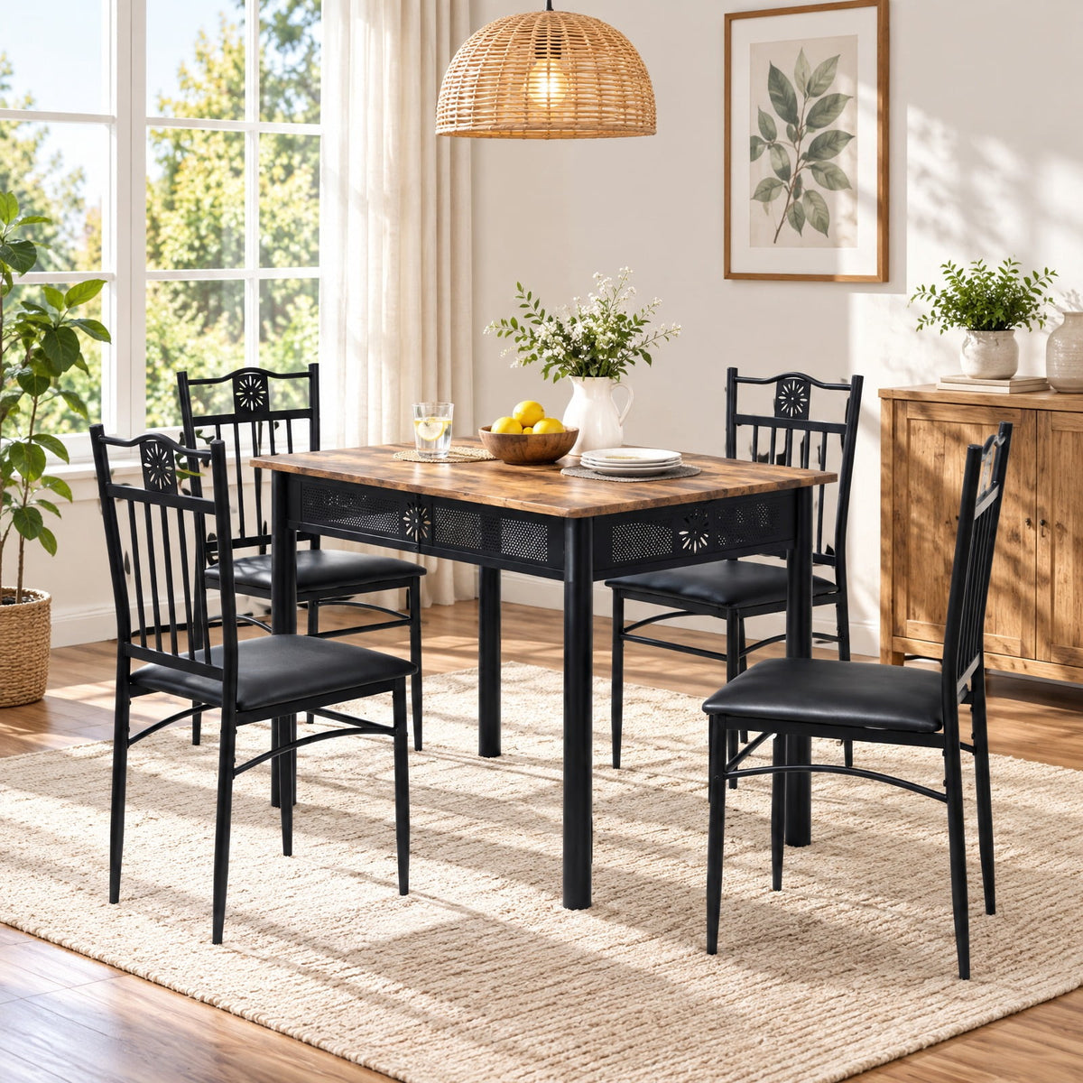 Airfind 5 Pcs Dining Set Wood Metal Table and 4 Chairs with Cushions, 132 lbs Capacity, Steel tube and MDF Frame, Black