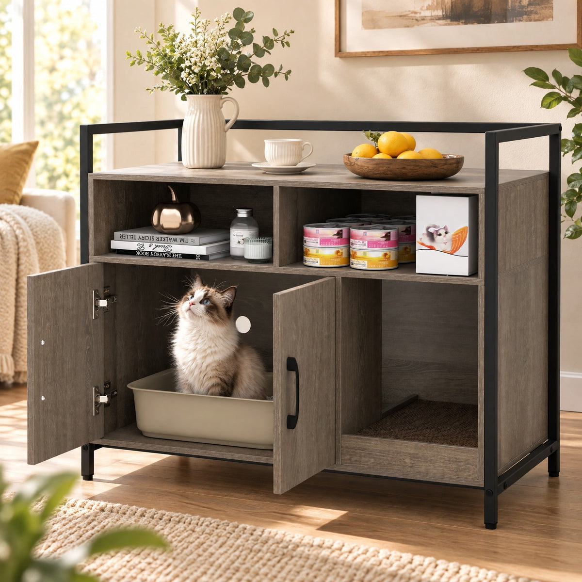 Airfind Hidden Cat Washroom with Double Doors and Scratch Cardboard, MDF Metal Frame, 35 x 17.5 x 29.5 Compartment Footprint, Oak