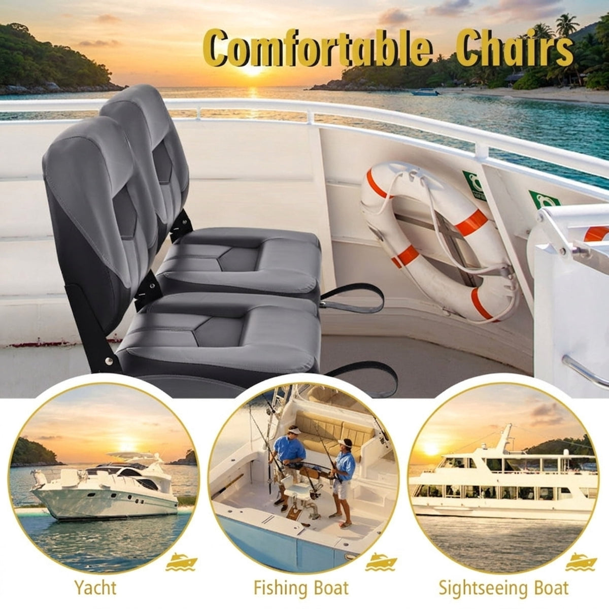 Airfind Set of 2 Folding Low Back Fishing Boat Seats with 4.3 Inch Padding and Stainless Steel Screws, Weatherproof Marine Seats, Black