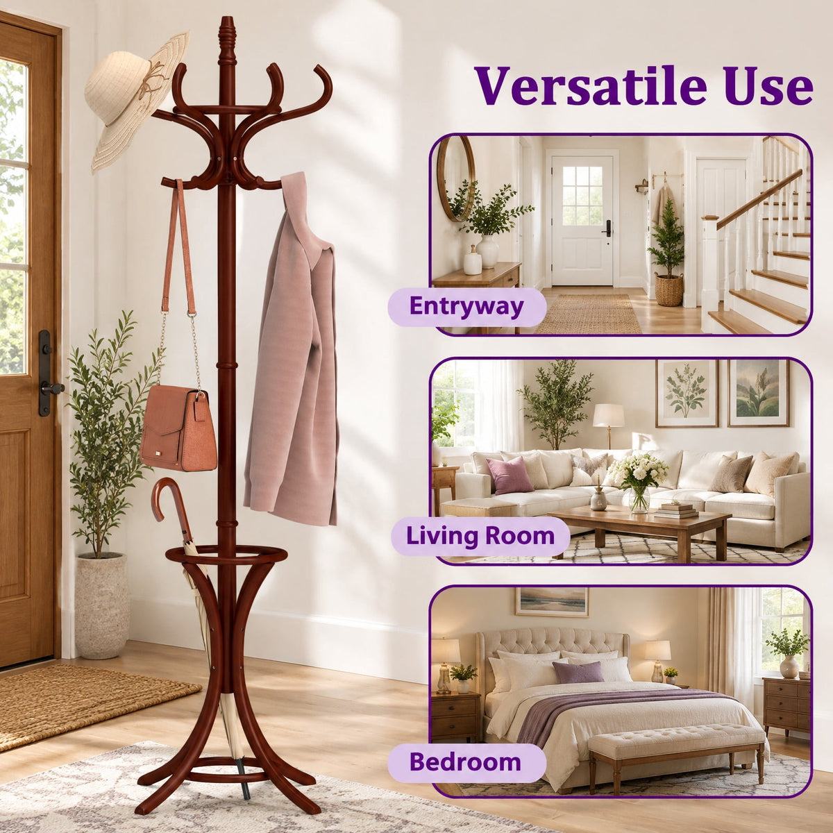Airfind Wood Standing Hat Coat Rack with Umbrella Stand, 22 lbs Capacity, 16in x 16in x 73in Footprint, Brown