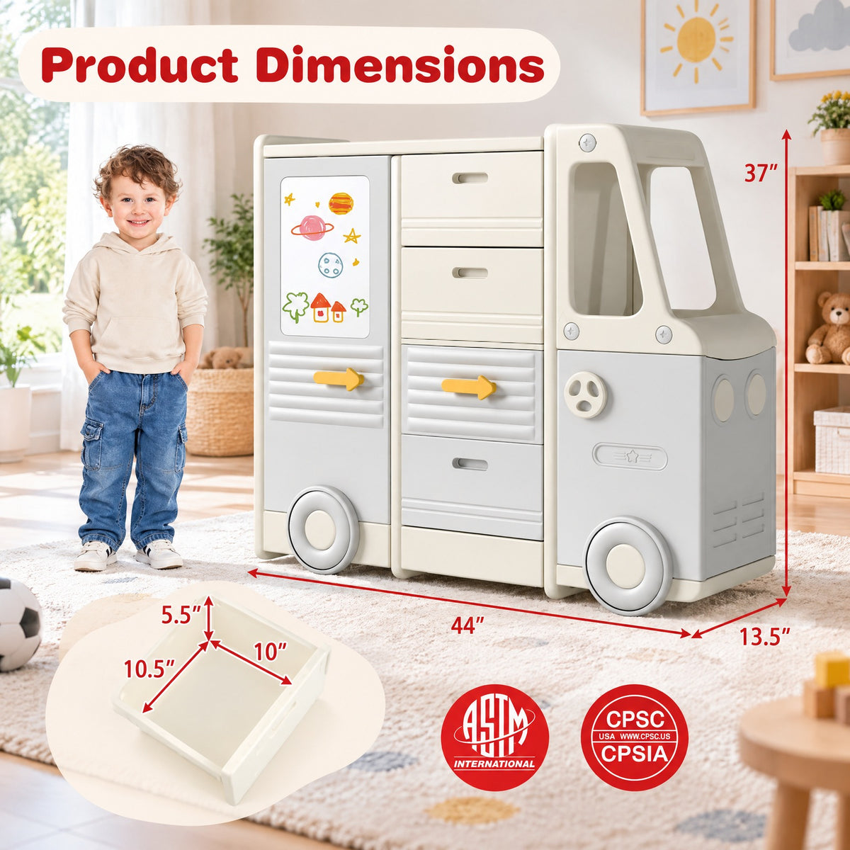 Airfind Kids Toy Storage Organizer Bus-shaped Children Cabinet with 4 Pull-out Drawers with Handles, 180 lbs Capacity, HDPE PP Frame, Grey