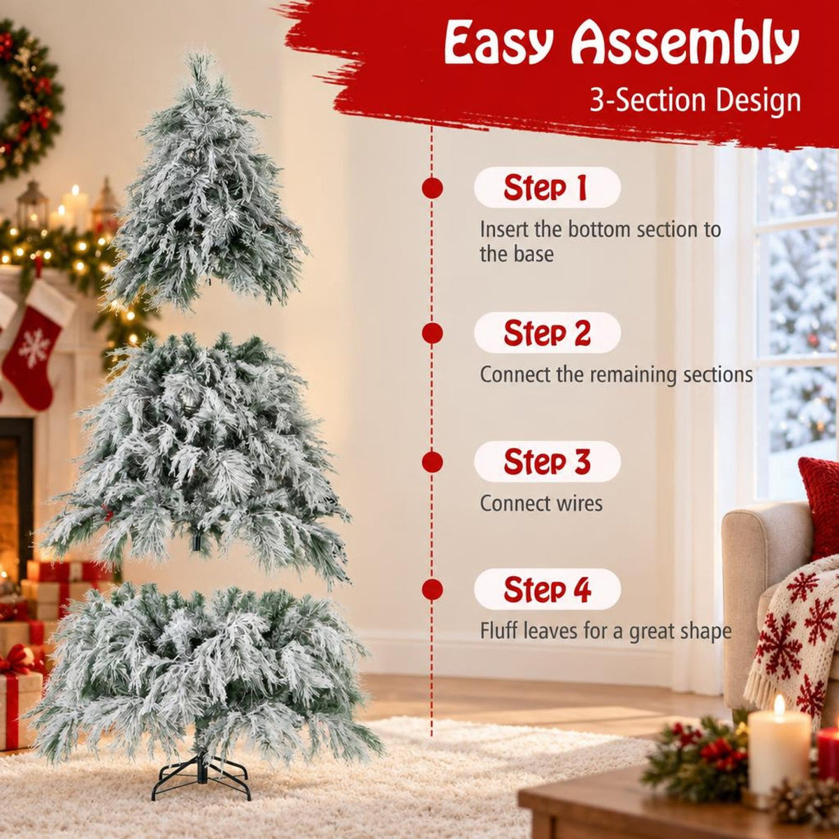 Airfind 6 Feet Pre-Lit Snow Flocked Christmas Tree with Warm White LED Lights-6 ft, White, Diameter of Stand 20/18/16 Inch