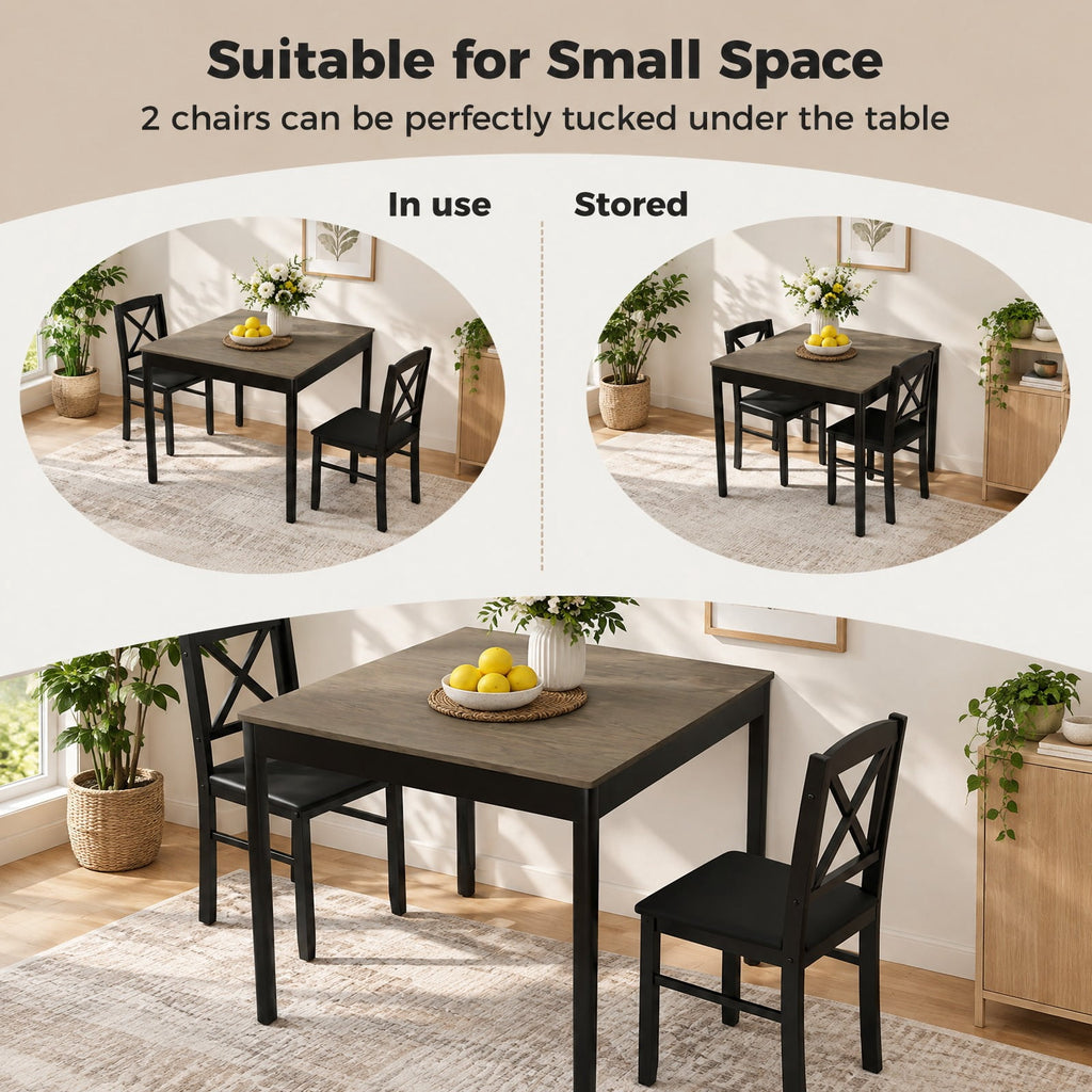 Airfind 3-Piece Dining Table Set Wooden Square Kitchen Table for 2 People, 176 lbs Capacity, MDF Rubber Wood PVC Leather Sponge Plywood Frame, Gray