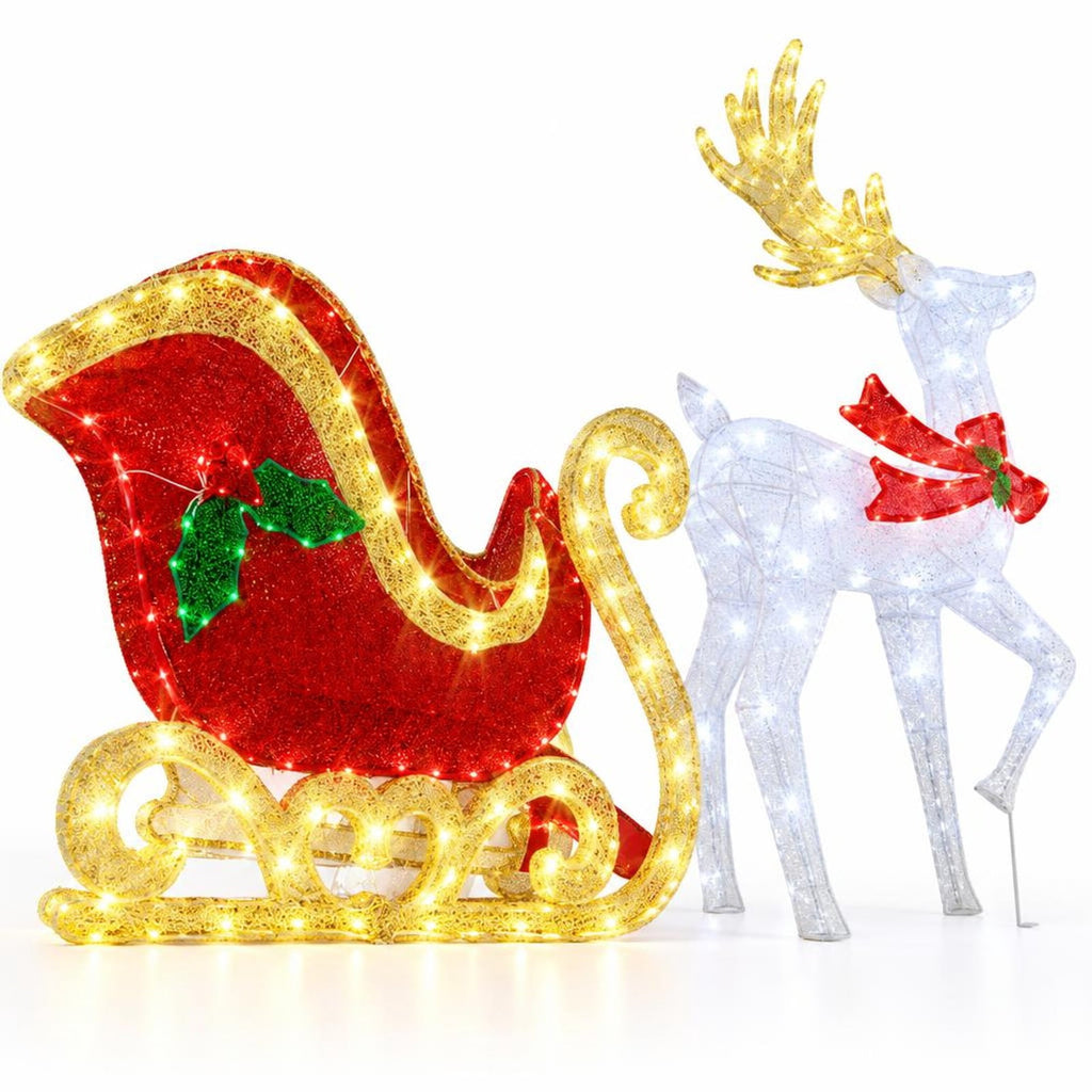 Airfind LED Lighted Christmas Reindeer and Santas Sleigh, Mesh Fabric PVC Metal Frame, 31in x 12in x 5.4 ft Footprint, White Red Green