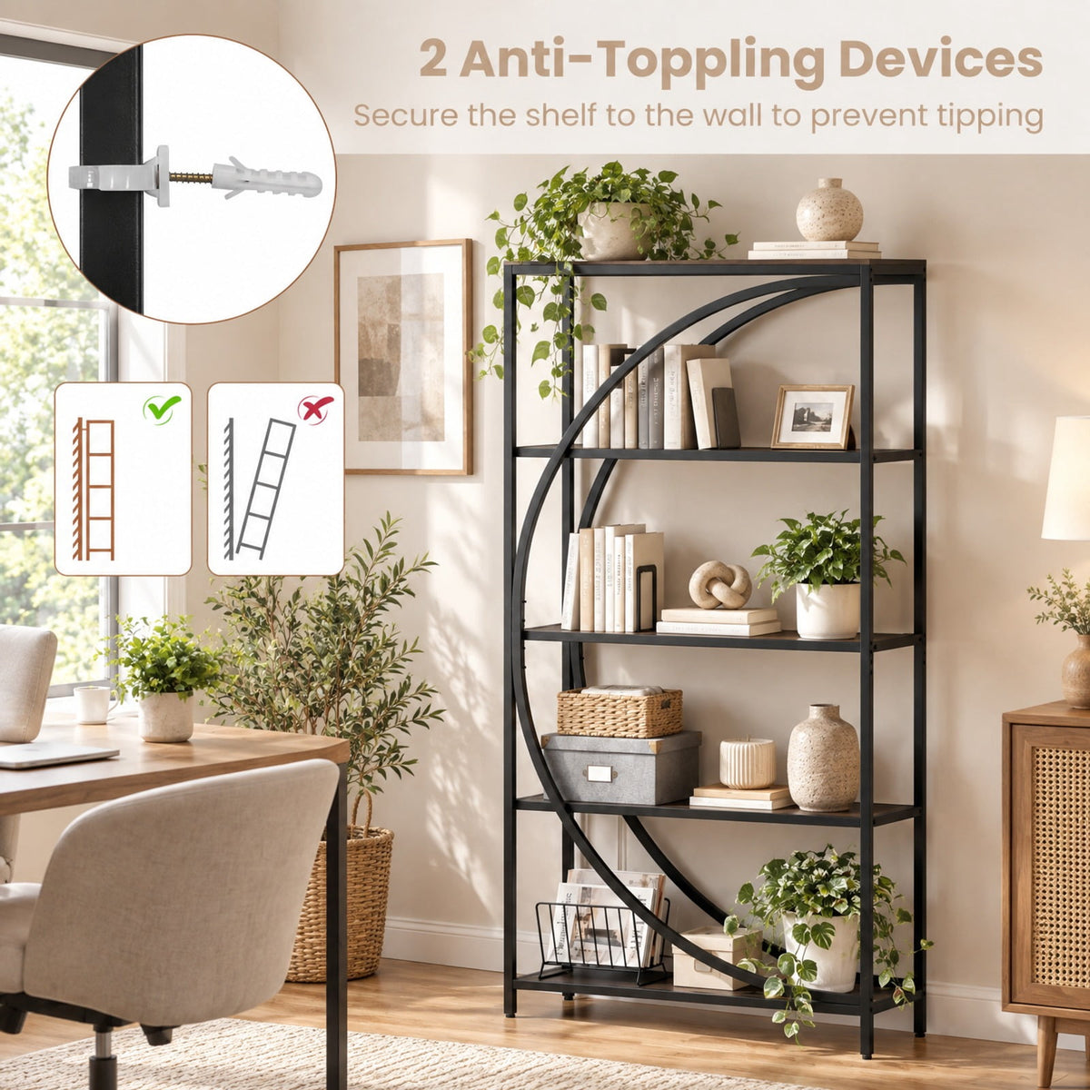 Airfind 5-Tier Bookshelf with Half-Moon Shape for Living Room and Home Office, 88 lbs Capacity, Engineered Wood Metal Frame, Brown